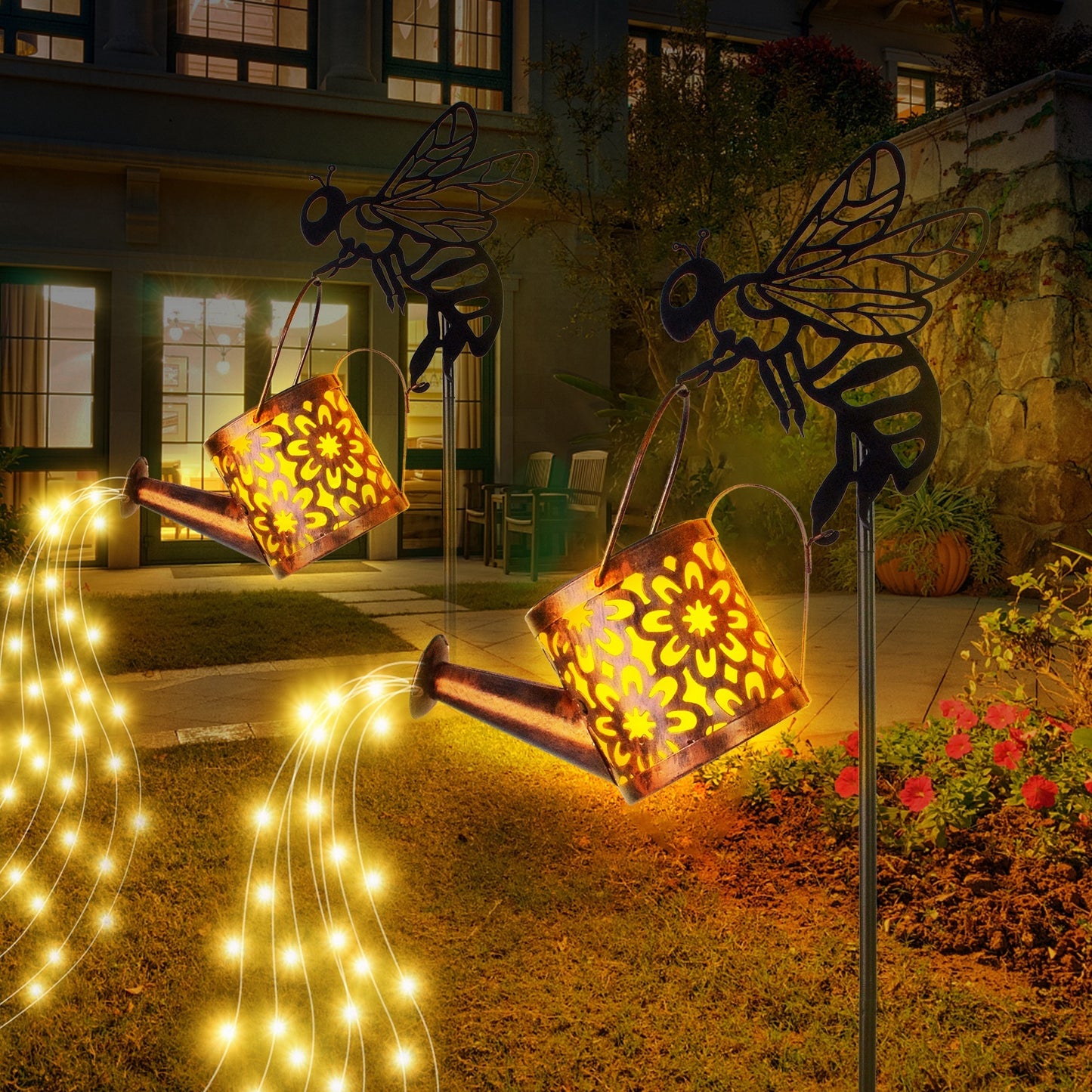 Solar Garden Lights Outdoor Decoration,Flower-shaped Lights Metal Solar Watering Can Lights Outdoor Waterproof, Small Patio Light Yard Lawn Pathway Decor, Gardening Gifts Solar Lantern Out