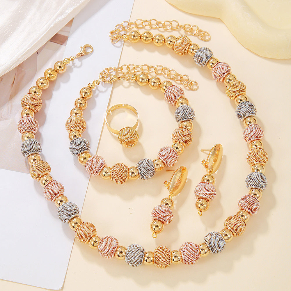 5Pcs Fashionable Metallic Beaded Necklaces Two Color Gold Bead Earrings Bracelets Suitable For Daily Wear Holiday Jewelry Gifts