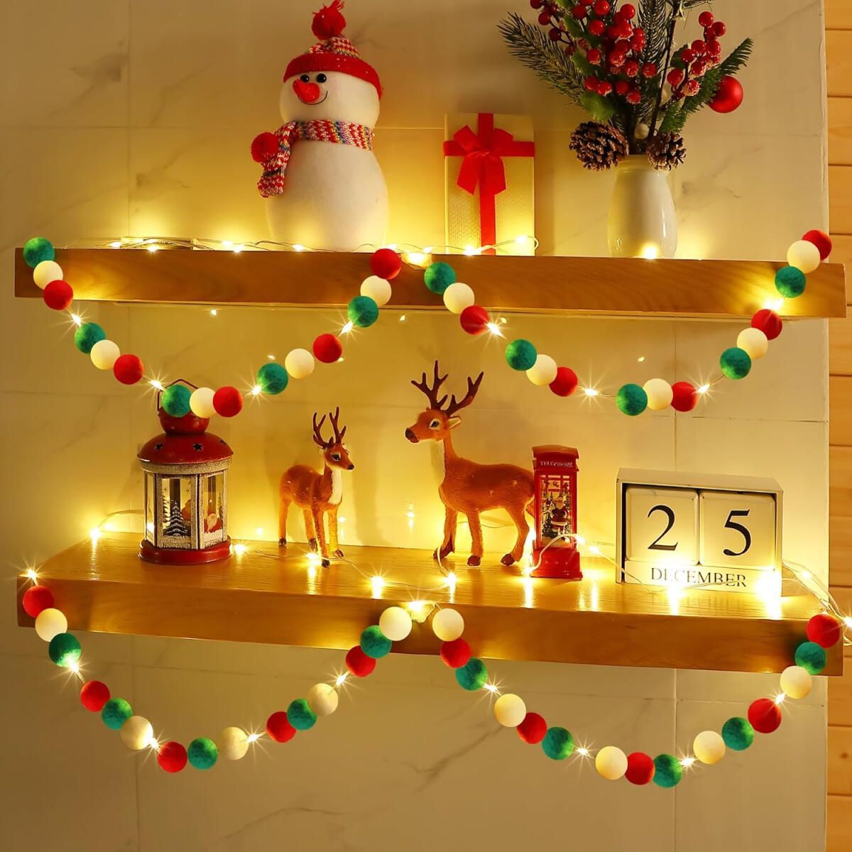 9.84 Ft Felt Ball Garland With Warm Light String Christmas Pom Pom Garland Red Green White 1 Inch Pompoms DIY Unique Hanging Bunting Banner For Xmas Tree Fireplace Wall Home Decor